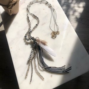 Blue and silver feathered necklace/Western hippie long beaded chain brand new